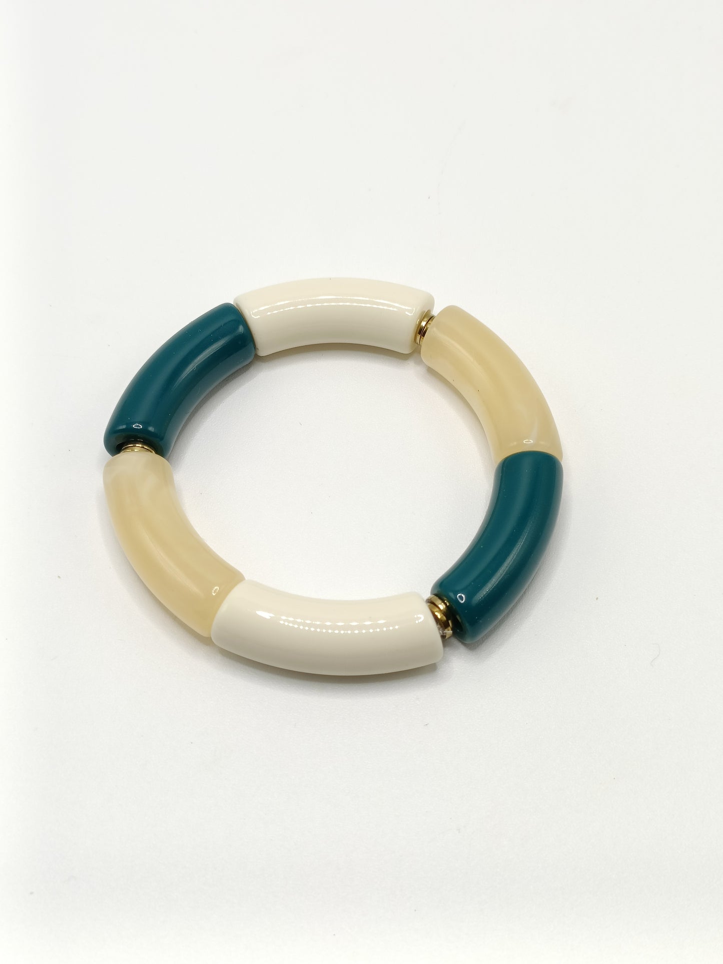 Bracelet tubes élastiqué XL bleu canard, beige marbré et blanc cassé