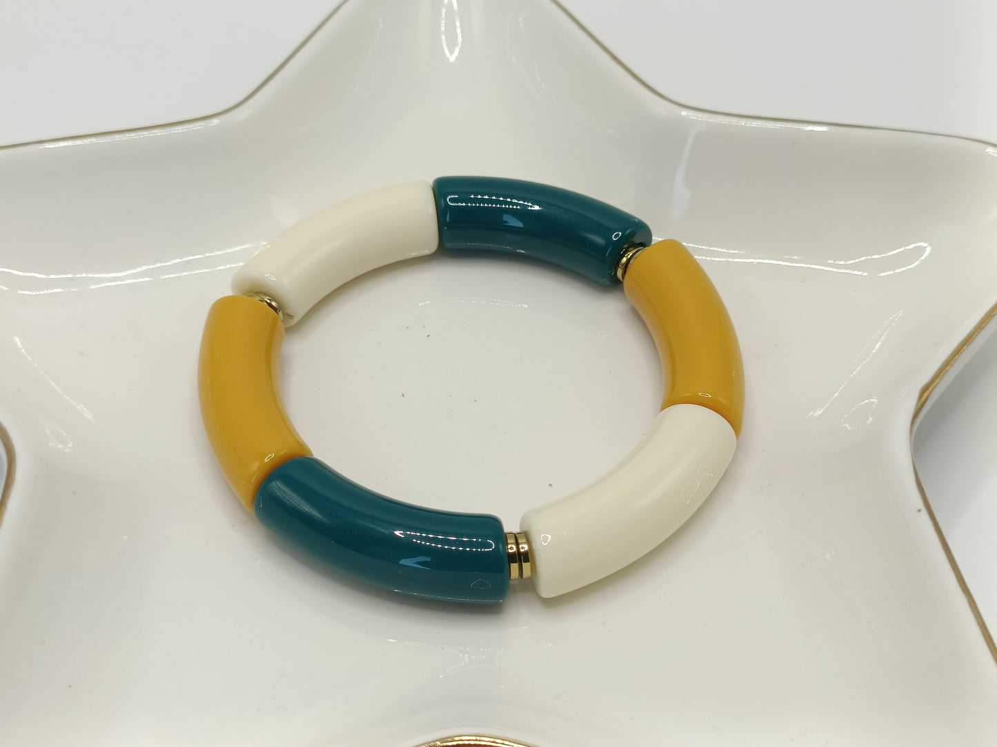 Bracelet tubes élastiqué XL bleu canard, moutarde et blanc cassé