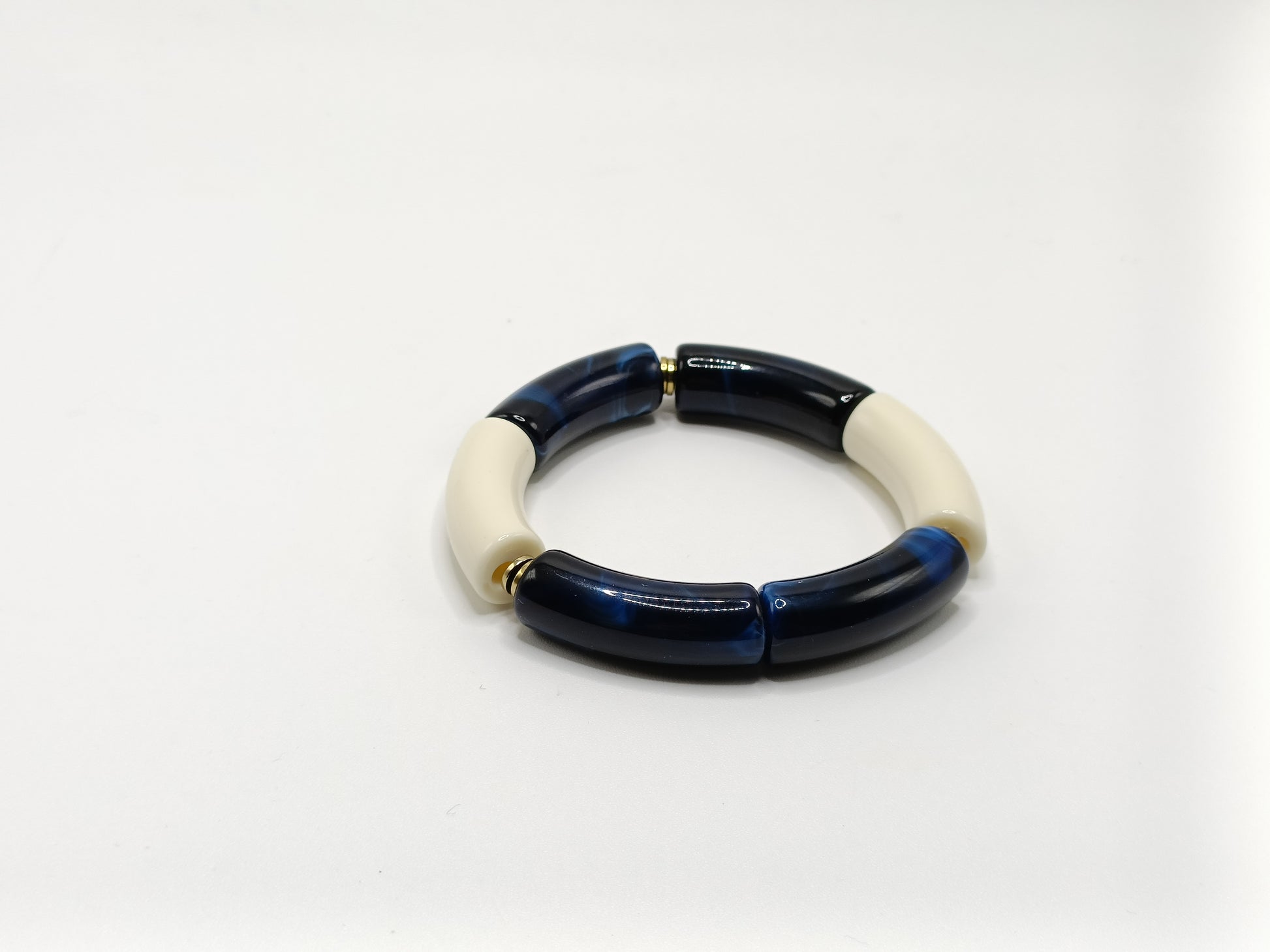 Bracelet tubes élastiqué XL bleu marine marbré et blanc cassé