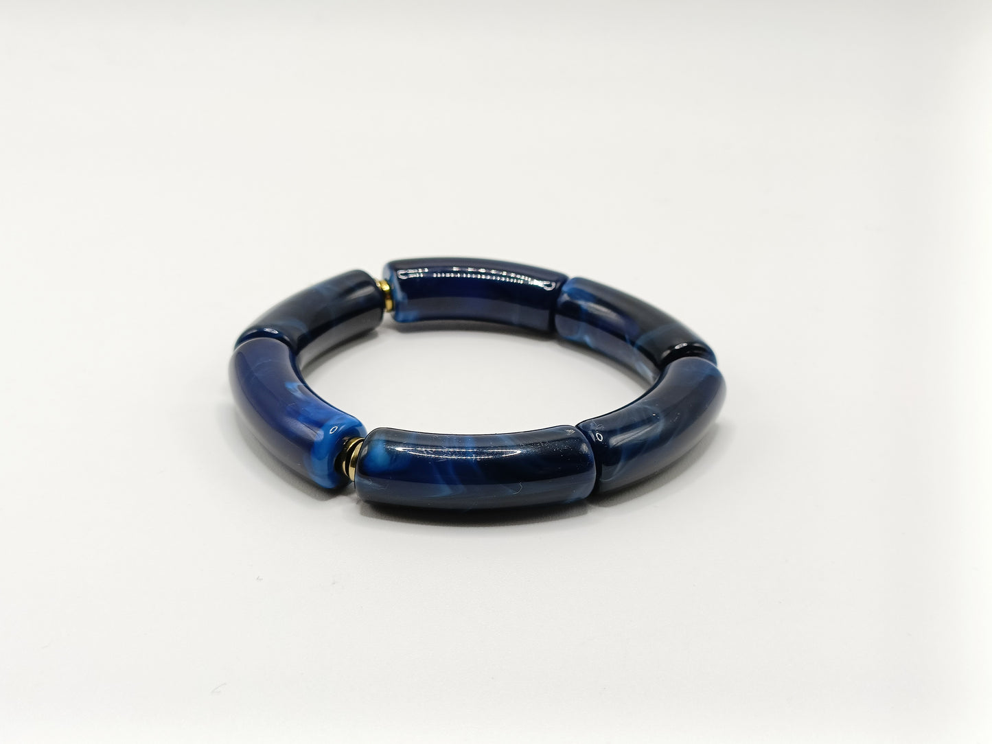 Bracelet tubes XL bleu marine élastiqué et rondelles dorées en hématite