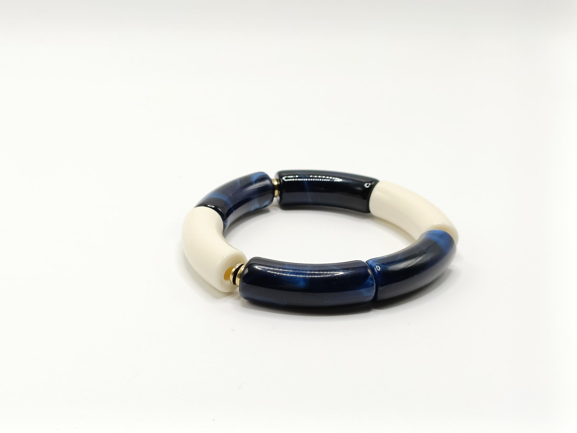 Bracelet tubes XL élastiqué bleu marine marbré et blanc cassé