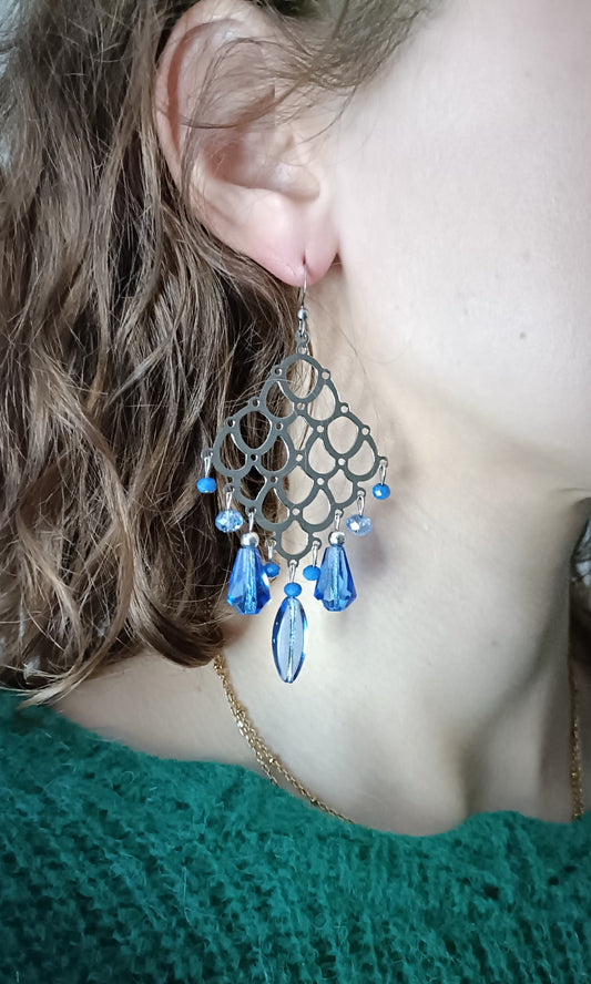 Grandes boucles d'oreilles argentées et bleu