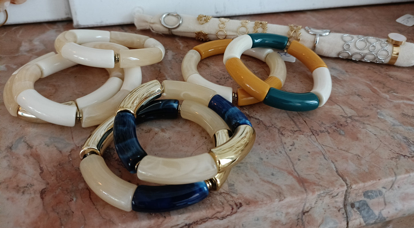 Bracelet tubes XL bleu canard, beige et doré