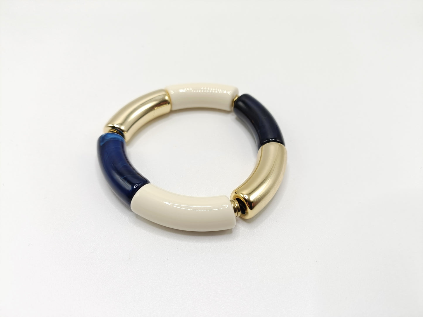Bracelet tubes XL bleu marine, blanc cassé et doré